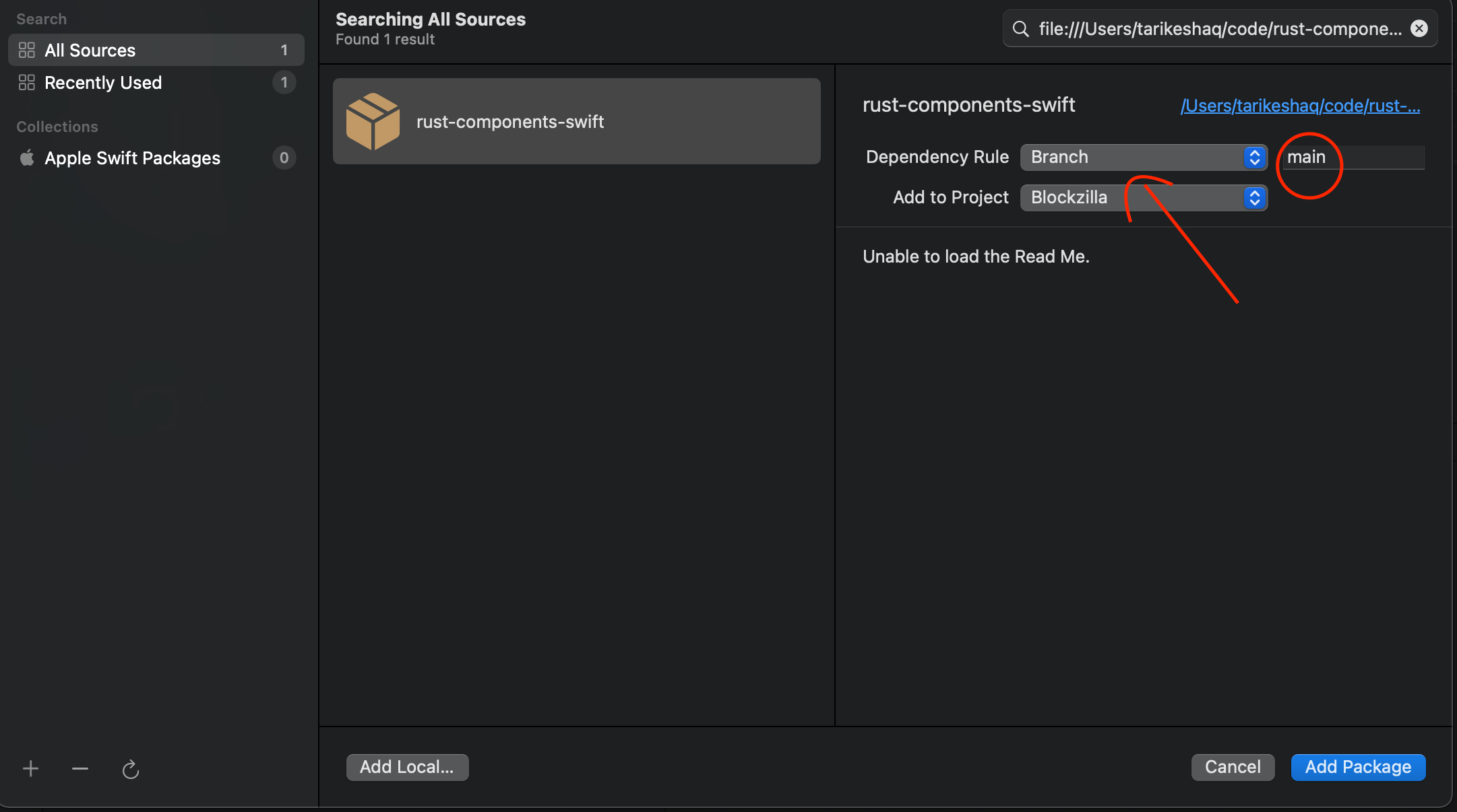 Dialog for including the `rust-components-swift` package
